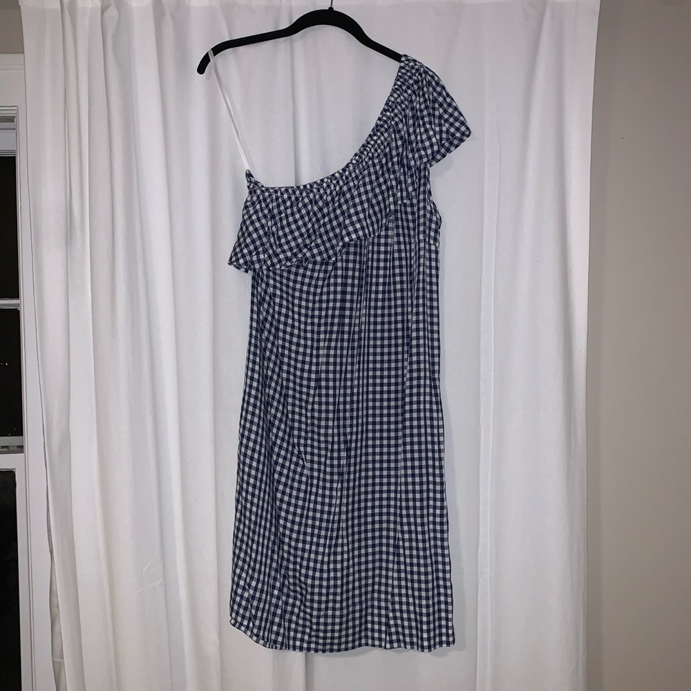 One-Shoulder Navy Gingham Dress